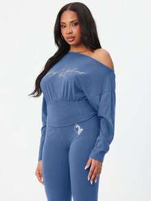 BABYPHAT Asymmetrical Shoulder Long Sleeve Slouchy Top With Text Print And Fitted Waist For Casual Comfort - Baby Blue - View 5