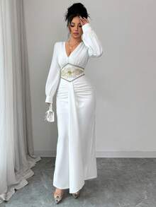 Elenzga Vestido ajustado largo de Body con diseño de cintura, cuello en V y mangas abullonadas con volantes elegantes para mujer, primavera - Blanco - Ver 5