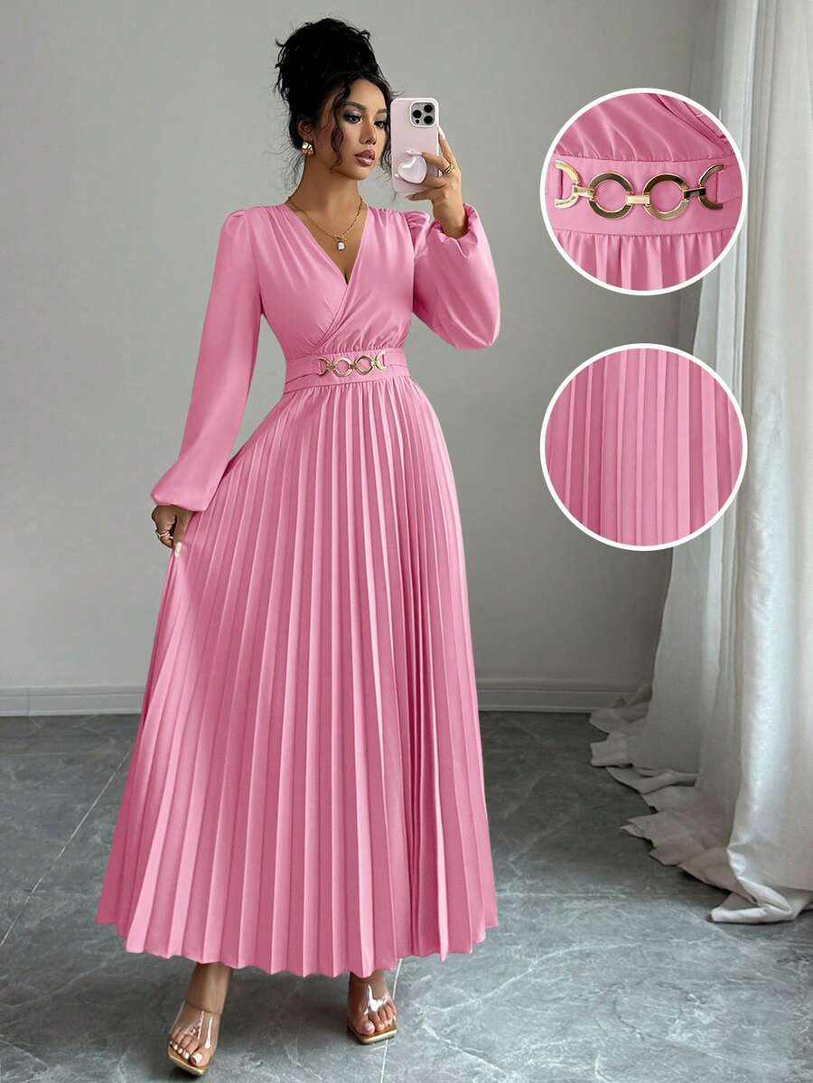 Elenzga Elegant Pleated Dress, Suitable For Back To School, Birthday, Wedding - Baby Pink - View 1