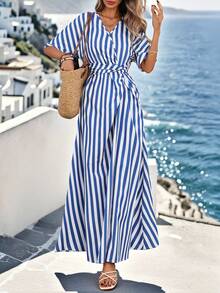 SHEIN Clasi Women's Short Sleeve Twist Casual Vacation Minimalist Daily Beach Blue & White Romantic Dress, Elegant & Fashionable New Style - Blue - View 3