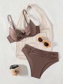 Swim Chiccia Women Solid Color Spaghetti Strap Pearl Decor Adjustable Back Underwire Supportive Ruched Front Triangle Two Pieces Swimwear - Coffee Brown - View 3