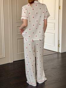 SHEIN Napfluff Bubble Wrinkle Cherry Plaid Print Short Sleeve Pajama Set - Beige - View 2