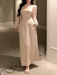 DAZY Women's Simple Solid Color Knit Cardigan, Tank Top And Mini Skirt Homewear Set - Apricot - View 4