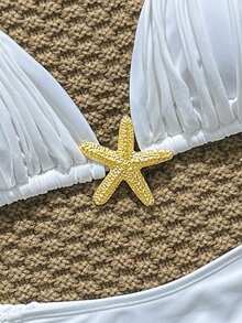 Swim Vcay Conjunto de bikini de baño sexy con decoración de estrella de mar de metal de unicolor para mujer - Blanco - Ver 9