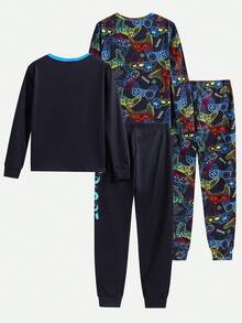 SHEIN 4pcs Kids/Tween Boys' Casual Comfortable Printed Crew Neck Long Sleeve Pajama Top And Leggings 2 Pieces Sleepwear Set, 4-Piece Set, 2 Designs - Multicolor - View 4