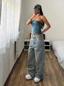 StreetHx 时尚休闲复古街头风牛仔抹胸上衣 - 中等水洗藍 - 查看 4