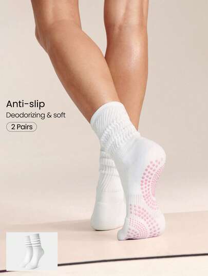 GLOWMODE 2-Pairs Stay Grounded Cotton Blend Deodorizing Soft Arch Support Slouch Non-Slip Grip Crew Socks Yoga Pilates Barre Studio Wear