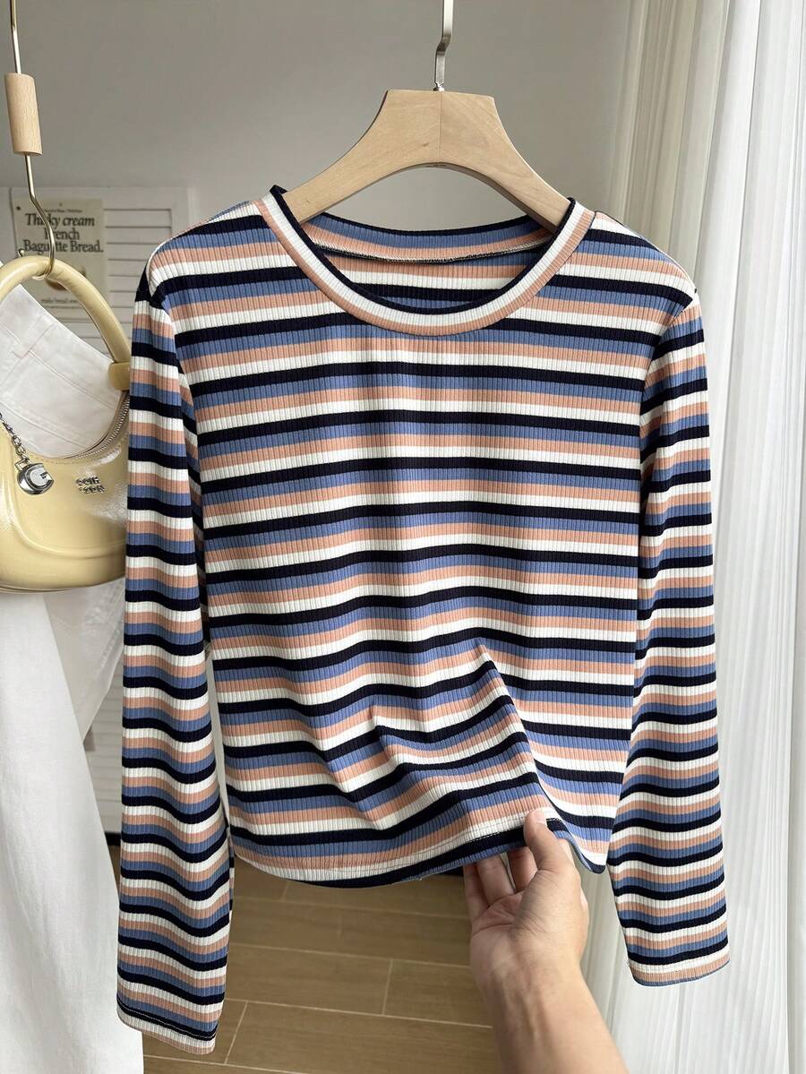 Comfortcana 大码彩色条纹针织休闲长袖圆领修身T恤，春秋季 - 彩色 - 查看 1