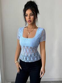 SHEIN Elenzya Women's Blue Lace Square Neck Semi-Sheer Short Sleeve T-Shirt - Baby Blue - View 6