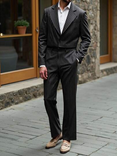 HIMLAND Men's Striped Print Lapel Collar Business Suit Jacket And Pants Set Old Money, Wedding Cozy Outfits Out Pattern, For Vacation, Beach For Husband Boyfriend Gift Simple Fashion Commuting Mens Co Ord Set Men Pinstripe Suit Men 2 Piece Set Stripe Mens Two Piece Outfit Pinstripe Pants