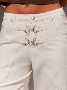 Athîral 女士休闲金属扣牛仔裤 - 白色 - 查看 1
