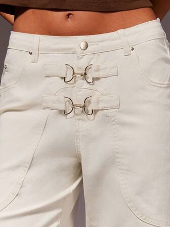 Athîral Women's Casual Metal Buckle Denim Jeans