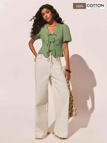 Poéselle 女士休闲绿色泡泡袖系带棉质外出上衣，优雅，适合海滩、度假，春夏绿色上衣 - 綠色 - 查看 2