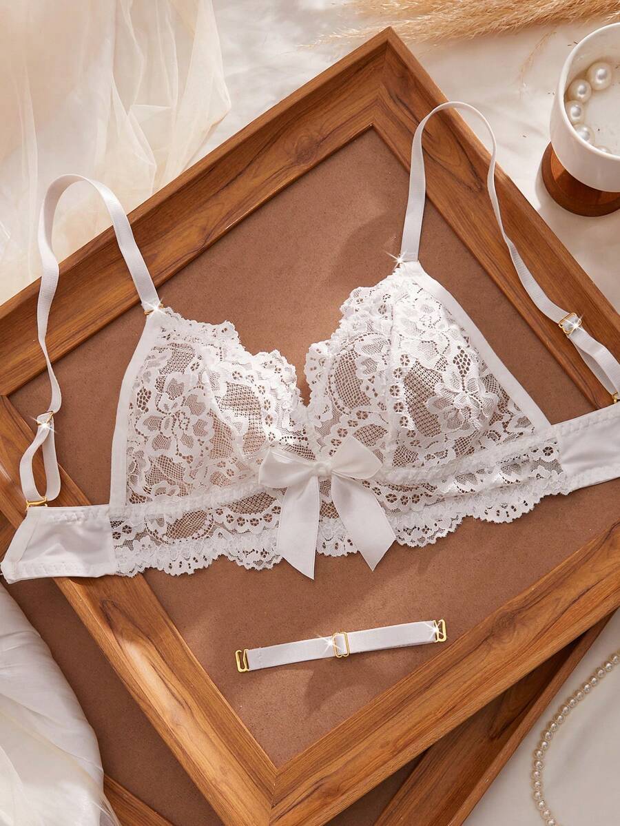 Crystal Vow 1pc Women's Lace Bow Decor Wireless Bra - White - View 1