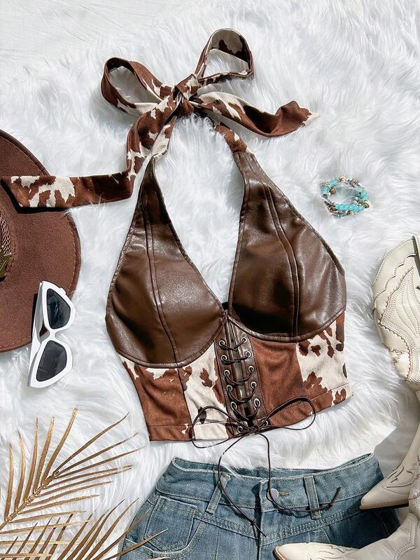 Soleia Plus Size Women's Cow Print Halter Neck Leather Crop Top,Brown,Summer,Western,Night Out Club,Music Festival Beach Vacation Spring Graduation Outfits