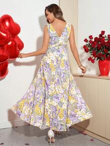 Amorya Bộ jumpsuit ống rộng bằng chiffon màu tím thanh lịch, cổ chữ V, xếp ly eo, đính ngọc trai, thích hợp làm trang phục dự tiệc cưới. - Nhiều màu - Xem 4