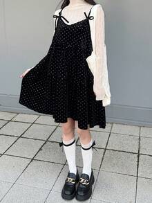 FRIFUL 女士格子肩带蝴蝶结交叉A字拼接休闲背心，秋季 - 黑色 - 查看 2