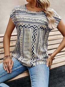 EMERY ROSE Women's Casual Geometric Print Batwing Sleeve Blouse - Blue - View 6