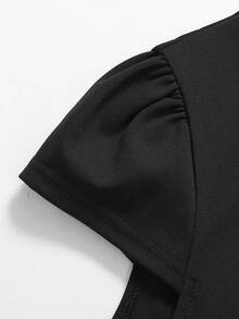 SHEIN 少女休闲简约舒适收腰纯色连衣裙 - 黑色 - 查看 5