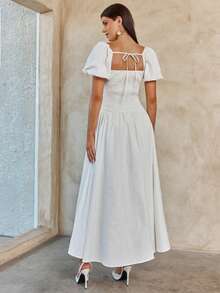 Enchnt 女士纯色心形领荷叶边泡泡袖优雅连衣裙 - 白色 - 查看 5