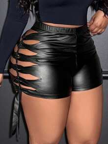 Slaydiva 时尚大码黑色PU皮革纯色系带短裤，侧边系带设计，是派对之夜的理想之选。黑色皮革性感短裤，女士骑行短裤套装。 - 黑色 - 查看 3