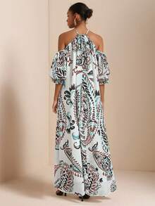 SHEIN Veneréa 花卉数码印花露背吊带露肩短袖荷叶边袖露背蝴蝶结宽松长款连衣裙 - 彩色 - 查看 2