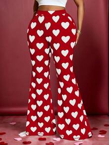 Maweii Plus Size Valentine's Day Heart Print Flare Pants - Red and White - View 1