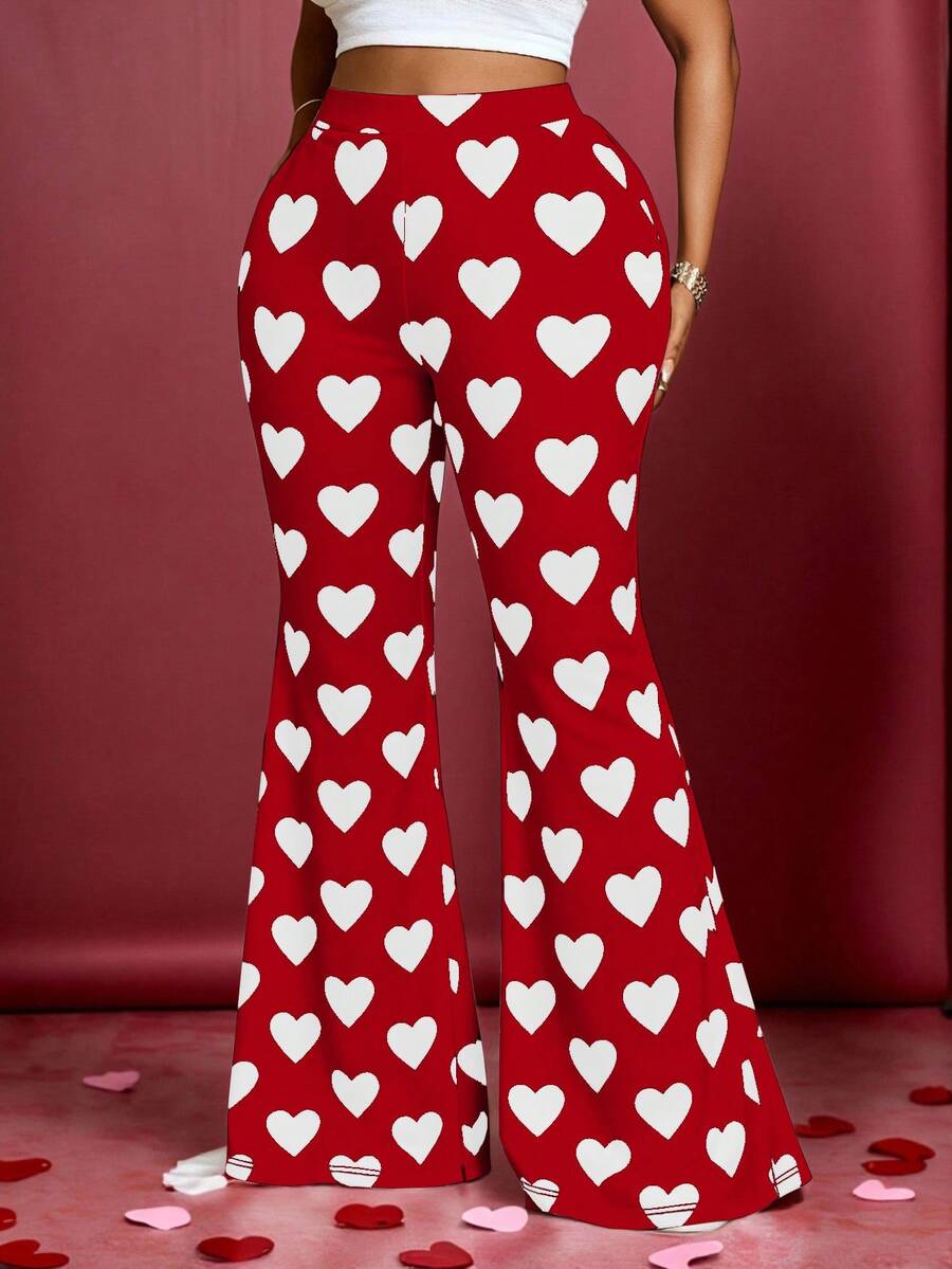Maweii Plus Size Valentine's Day Heart Print Flare Pants - Red and White - View 1