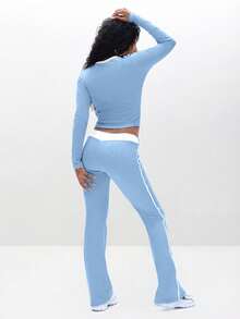 BABYPHAT Ribbed Knit Flare Pants With High Waist Drawstring Casual Jogger Style Wide Leg Trousers For Loungewear - Multicolor - View 6