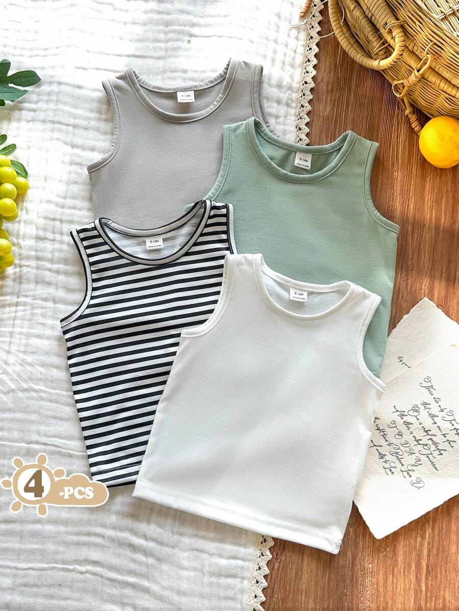 SHEIN Vintaside Kids 4件套男女通用婴儿休闲舒适白色背心,经典百搭设计,适合日常穿着、度假、上学、聚会、春夏穿着。 - 彩色 - 查看 1