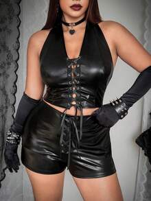 Whyspr Conjunto de 2 piezas de talla grande con estilo punk, tejido recubierto de piel sintética con ojales y cordones - Negro - Ver 3