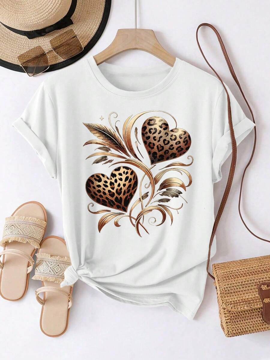 EMERY ROSE Áo thun nữ cỡ lớn tay ngắn cổ tròn in họa tiết hoa hướng dương và da báo - trắng - Xem 1