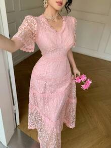 DAZY 法式蕾丝喇叭连衣裙，奢华高端优雅女士夏季长款连衣裙 - 泡泡糖粉 - 查看 1