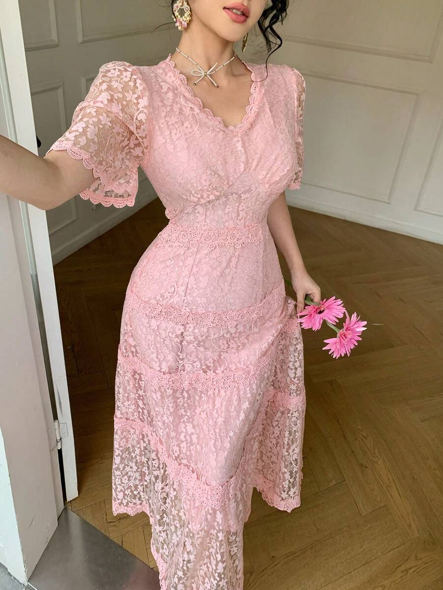DAZY 法式蕾丝喇叭连衣裙，奢华高端优雅女士夏季长款连衣裙 - 泡泡糖粉 - 查看 1