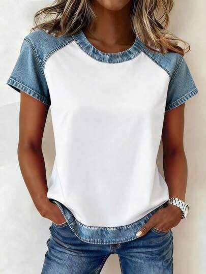 EMERY ROSE Casual Colorblock Round Neck Short Sleeve T-Shirt, Summer