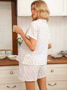 SHEIN 2pcs Maternity Casual Heart Print Shirt & Shorts Set - Multicolor - View 2