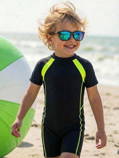 Traje de baño de una sola pieza de punto informal para niño joven con bloque de color en cuello redondo y manga corta