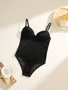 NudeFit 女士休闲纯色格子提花钢圈连体裤一件装 - 黑色 - 查看 6