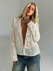 Aloruh Áo kiểu Bohemian dáng rộng, tay loe, cổ chữ V sâu, chất liệu xuyên thấu, gợi cảm dành cho nữ. - Màu be - Xem 5