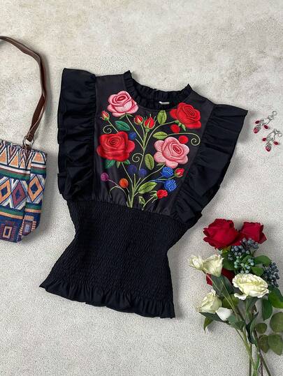 EMERY ROSE Women's Casual Ruffle Sleeve Printed Blouse