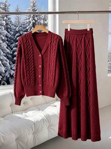 GlowEve CURVE Women's New V-Neck Rope Pattern Classic Design Hem Drawstring Long Sleeve Regular Knitted Cardigan, Elastic Waist Rope Pattern Flared Midi Elegant Versatile Date Sweet Sweater Set, Autumn/Winter