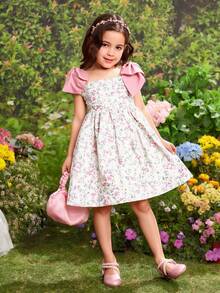 SHEIN Leap Crew Váy xòe xếp ly không tay họa tiết hoa nhỏ nhắn cho bé gái có nơ lớn, phong cách nghỉ dưỡng thường ngày, xuân/hè - Hồng - Xem 4