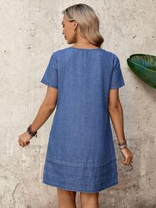 EMERY ROSE 女士时尚夏季短袖牛仔连衣裙 - 藍色 - 查看 2
