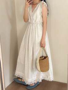 FRIFUL Women's Summer Casual Vacation V-Neck Contrast Lace Tie Shoulder Waist Cinched Dress - Beige - View 5