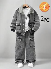 SHEIN Casuvi Kids 青少年男孩牛仔夹克，羊毛领和袖口，搭配宽松直筒牛仔裤，男孩时尚牛仔套装