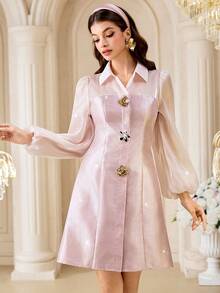 Modelyn Women's Elegant Party Cocktail Mini Dress With Lantern Sleeves And Metal Decor, Suitable For Spring, Summer, Autumn - Pink - View 4