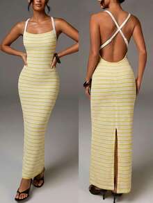 Athîral 女士条纹露背交叉吊带修身长款派对连衣裙 - 淡黃色 - 查看 6