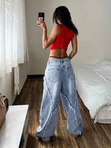 StreetHx Quần jeans ống rộng cạp thấp phong cách vintage đường phố, rách gấu, bạc màu. - Rửa nhẹ - Xem 2