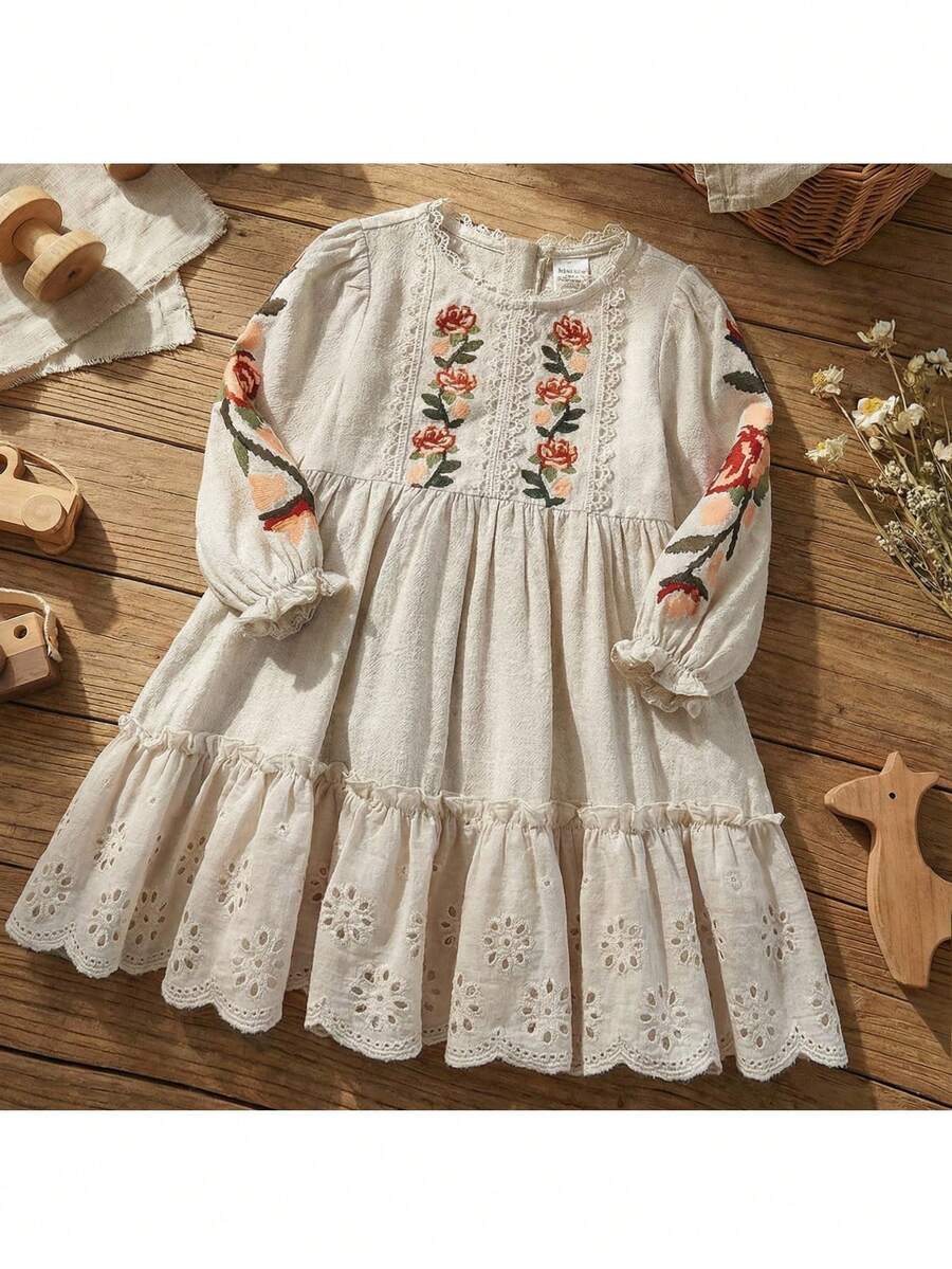 Loomiva Baby Girl Floral Print Round Neck Ruffle Hem Cinched Waist Dress - Multicolor - View 1