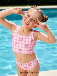 SHEIN Young Girls' Sweet Bow Plaid Pattern Casual Camisole & Briefs Swimwear Set, Suitable For Summer Vacation, Hot Spring, Beach, Beachwear - Multicolor - View 4